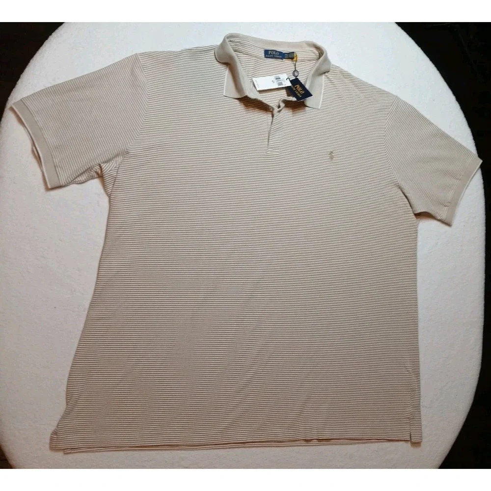 NWT Polo Ralph Lauren Shirt Mens 4LT Big & Tall Beige White Stretch Stripe Polo